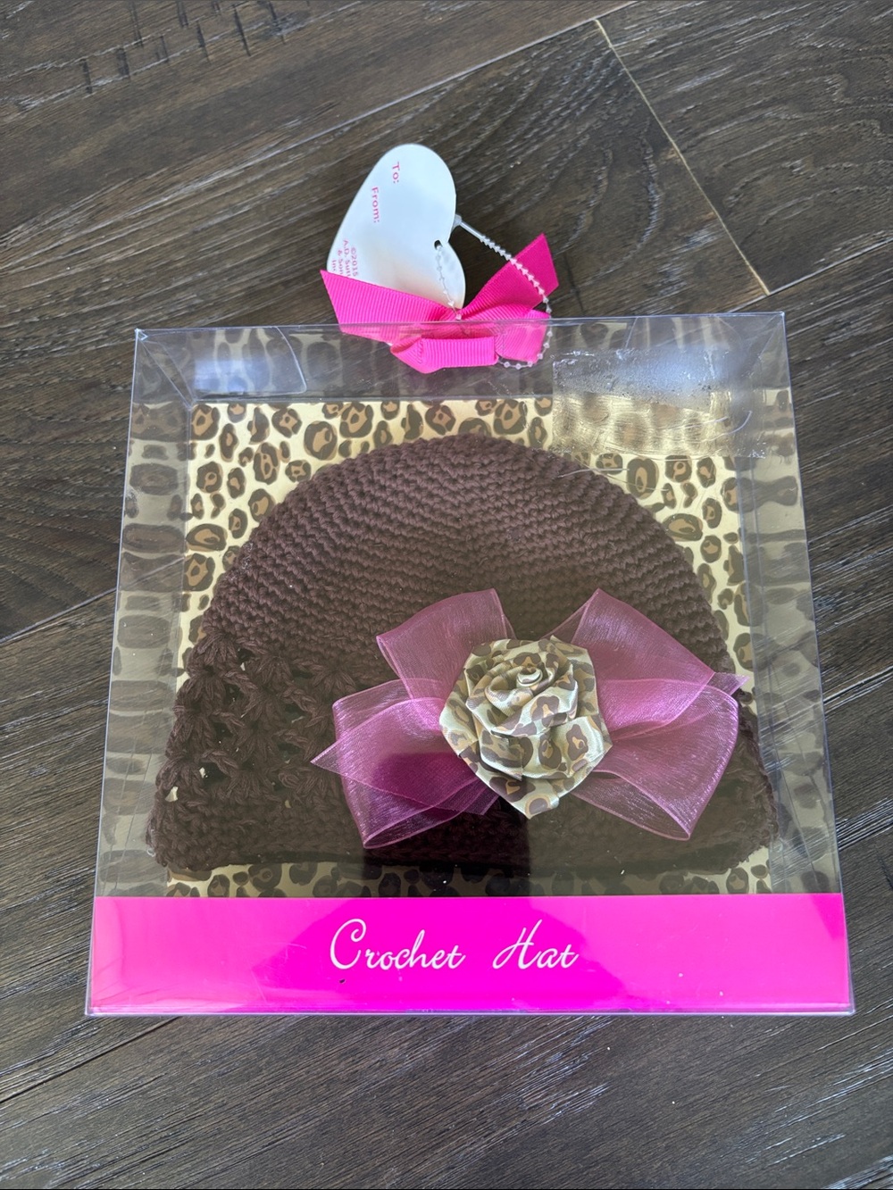 Baby Essentials Crochet 100% cotton stretch hat,leopard flower,pink organza bow